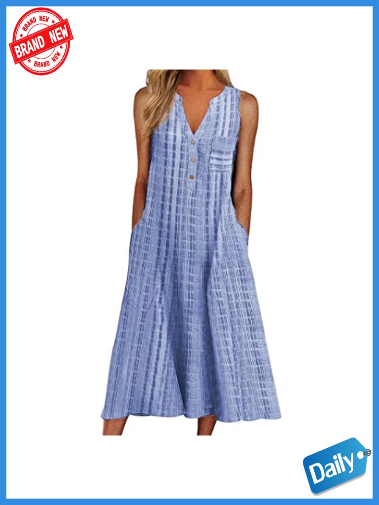 Casual Summer Stripe V Neck Sleeveless Midi Dress With Pockets
